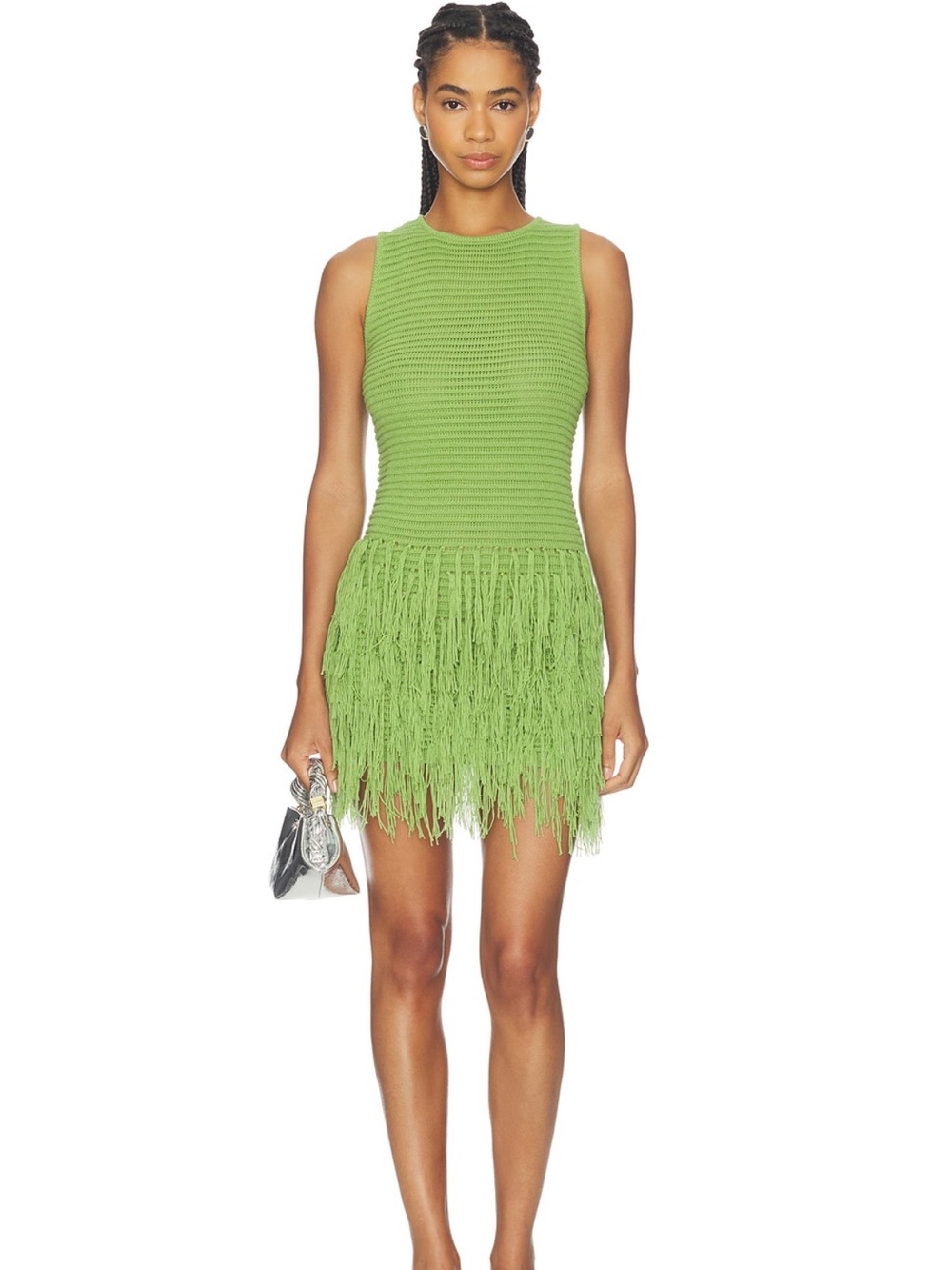 Textured Sleeveless Fringe Mini Dress in Green Size L